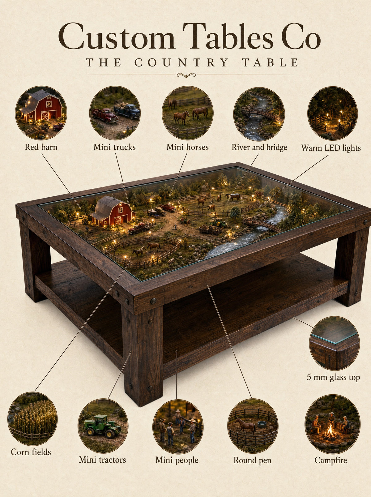What is in the ranch scene: red barn, mini trucks, horses, river and bridge, corn fields, campfire