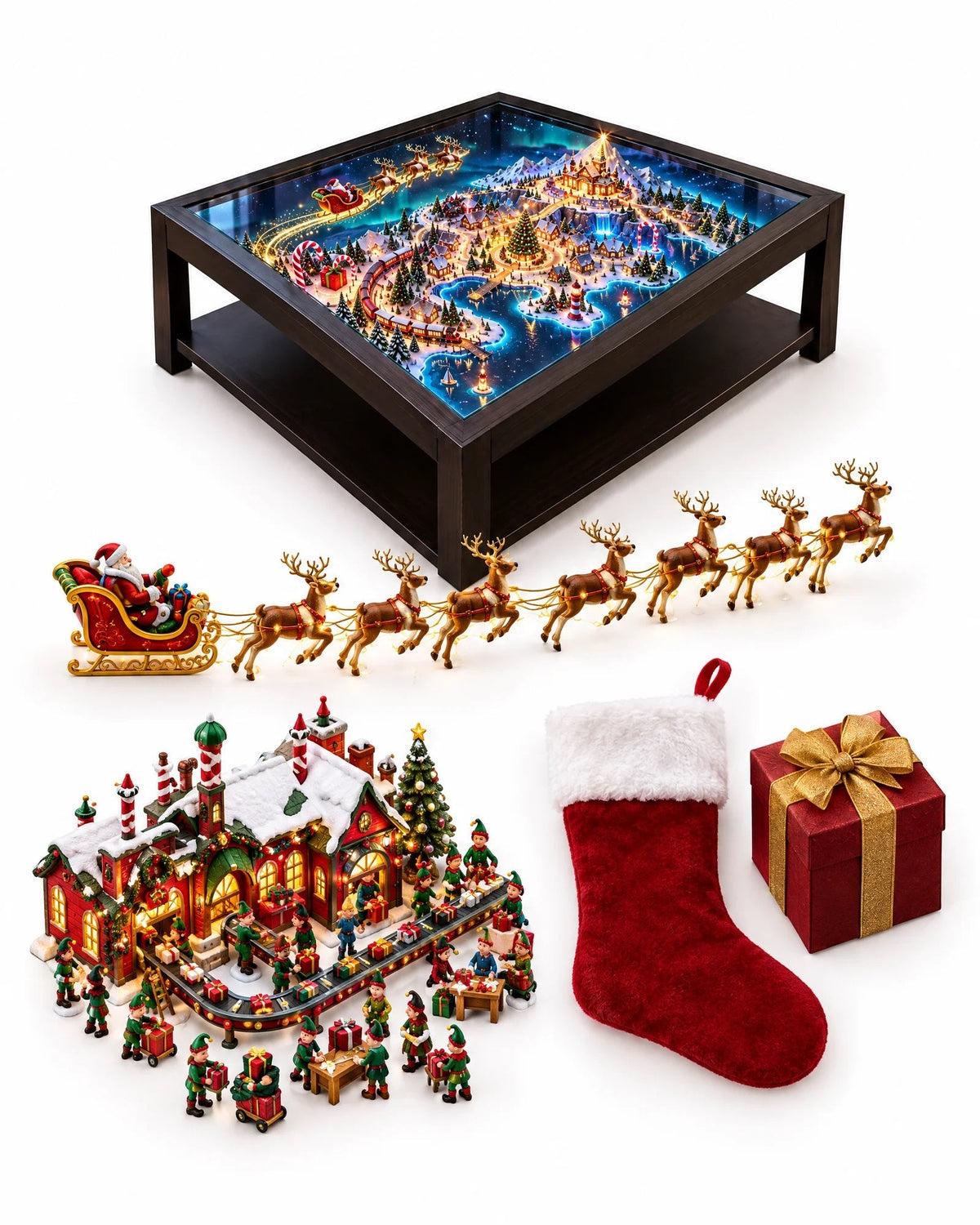 The Complete Set: the table plus the Sleigh Team kit, the Elf Workshop kit, a free Christmas stocking and a free mystery gift