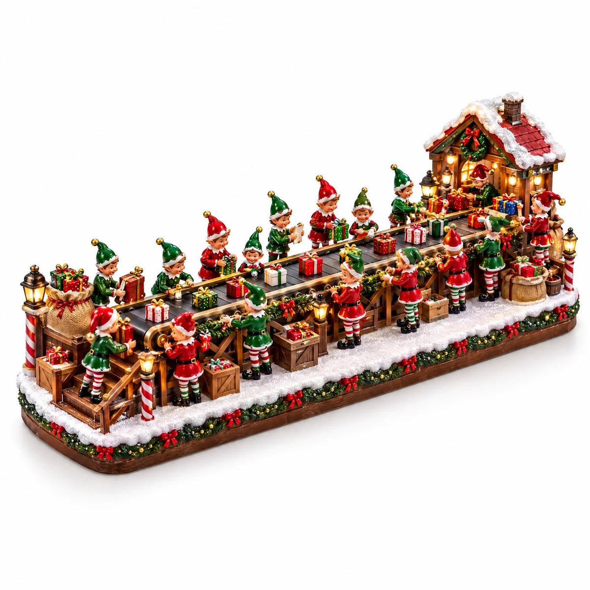 Elf Workshop kit: elf figurines around a lit workshop with a moving conveyor belt of presents