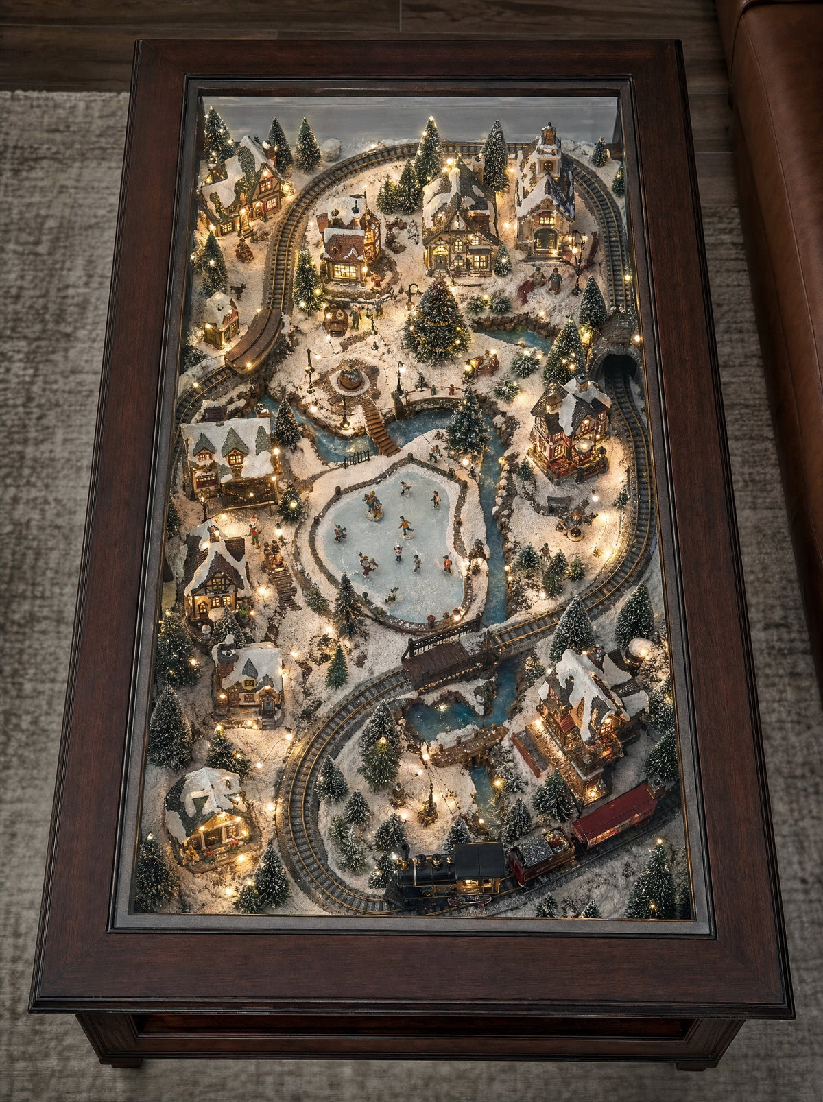 Overhead view of the whole lit Christmas village: cottages, train, frozen pond and fir trees