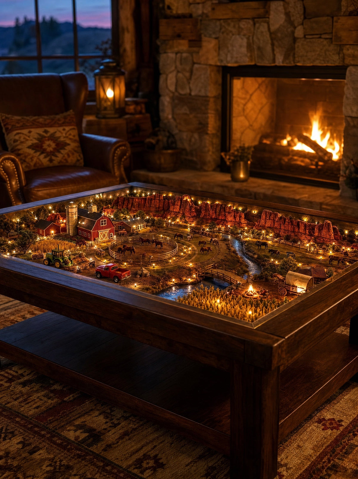 The Country Table lit in a living room beside a stone fireplace