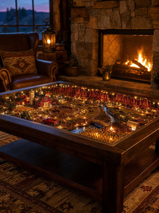 The Country Table lit in a living room beside a stone fireplace
