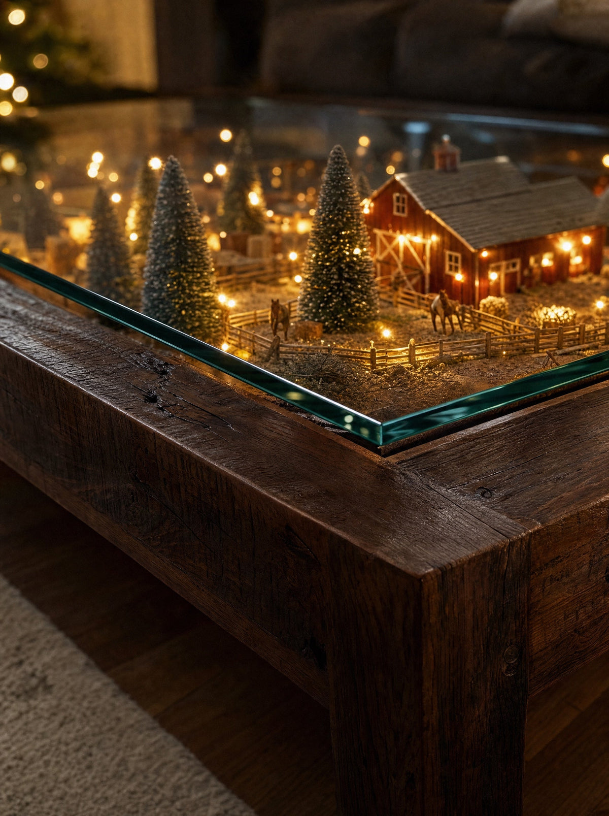 Close-up of the 5 mm glass top with the lit ranch scene glowing beneath it
