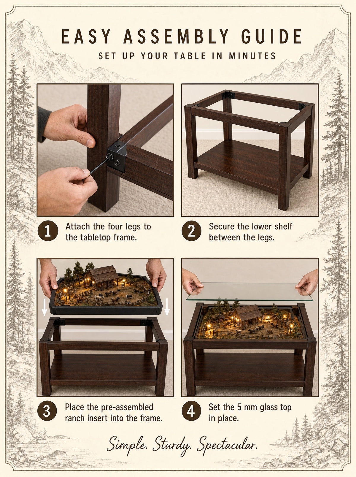 Four step assembly guide: legs, lower shelf, ranch insert, glass top