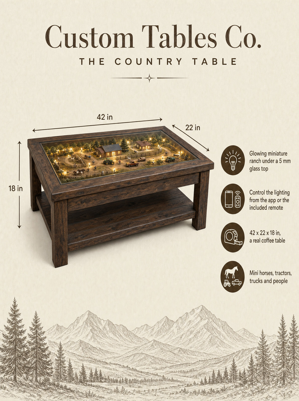 Dimensions: 42 inches long, 22 inches deep, 18 inches high, with a 5 mm glass top