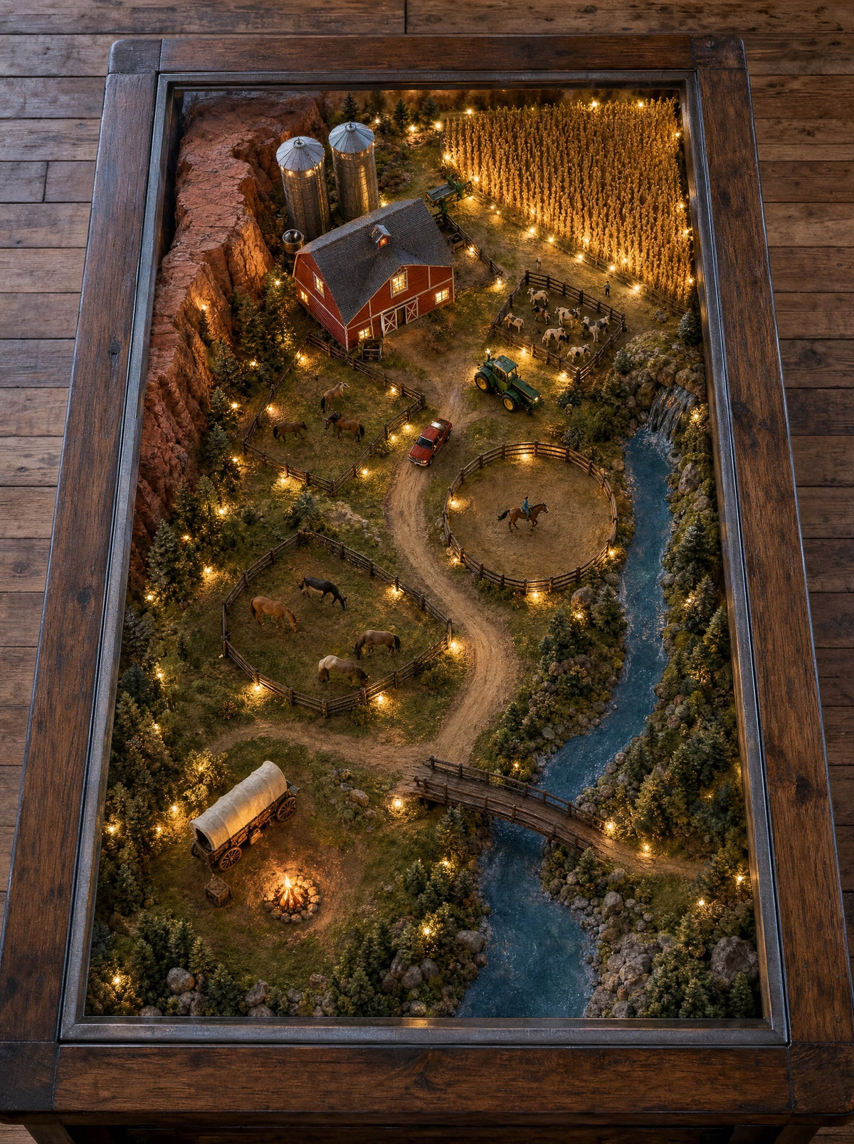 Overhead view of the lit ranch scene: red barn, corn fields, horses, river and campfire