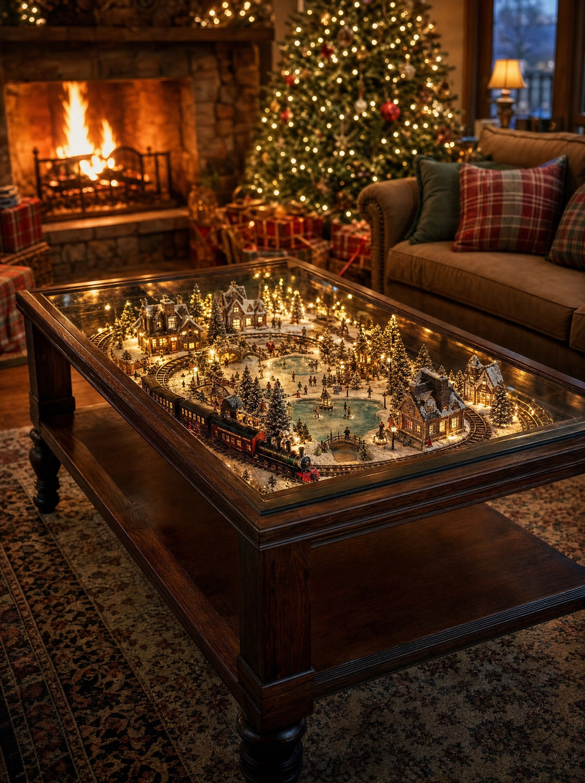 The Christmas Table lit in a living room beside a fireplace and a decorated tree