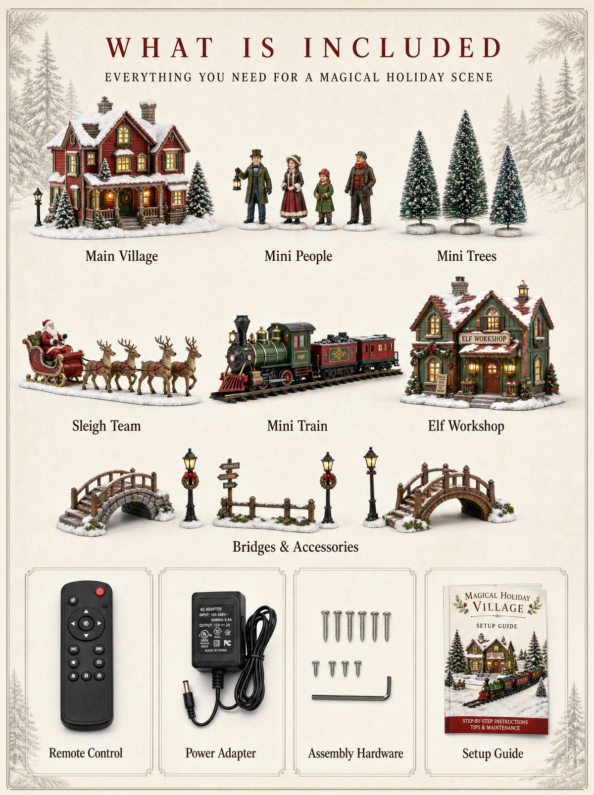 What is included: village, mini people, mini trees, sleigh team, train, elf workshop, bridges, remote, adapter, hardware and setup guide