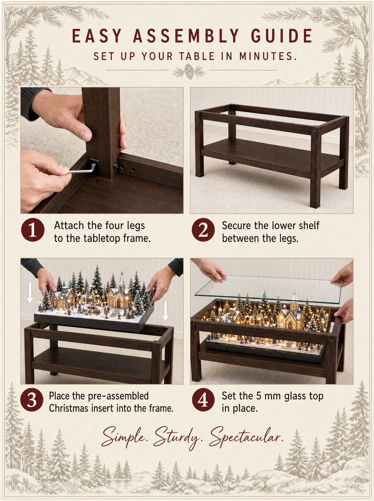Four step assembly guide: legs, lower shelf, village insert, glass top